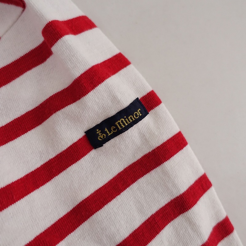 // Le Minor Le minor * cotton border pattern cut and sewn *2 cotton heaven . shirt pull over long sleeve badge white red (27-2402-118)[01C42]