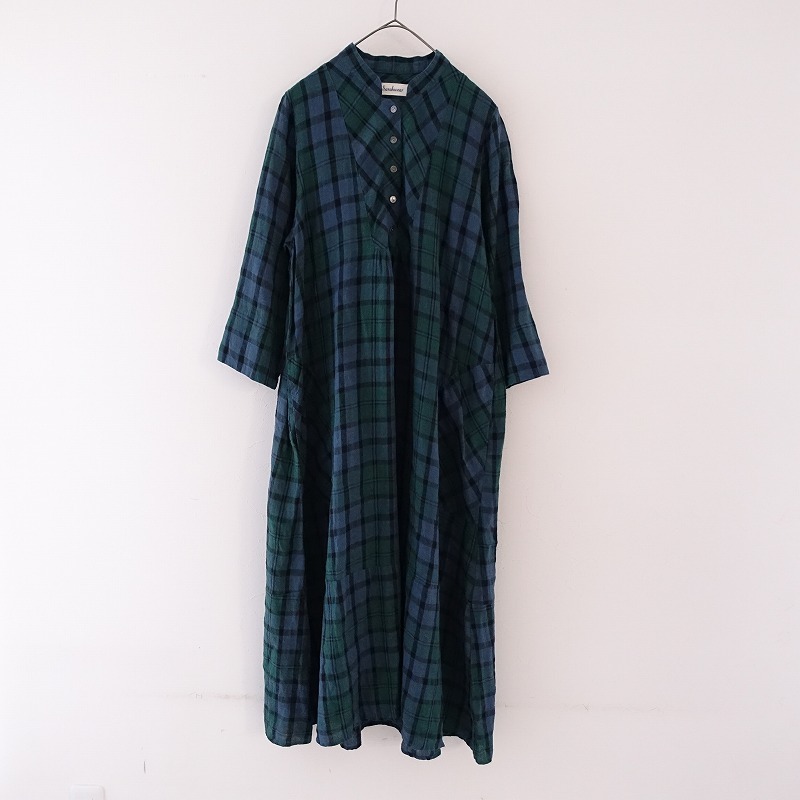 //【定価2.7万】サラウェア SARAH WEAR *リネンチェックシャツワンピース*長袖ロングスリーブ麻(m33-2402-612)【21C42】