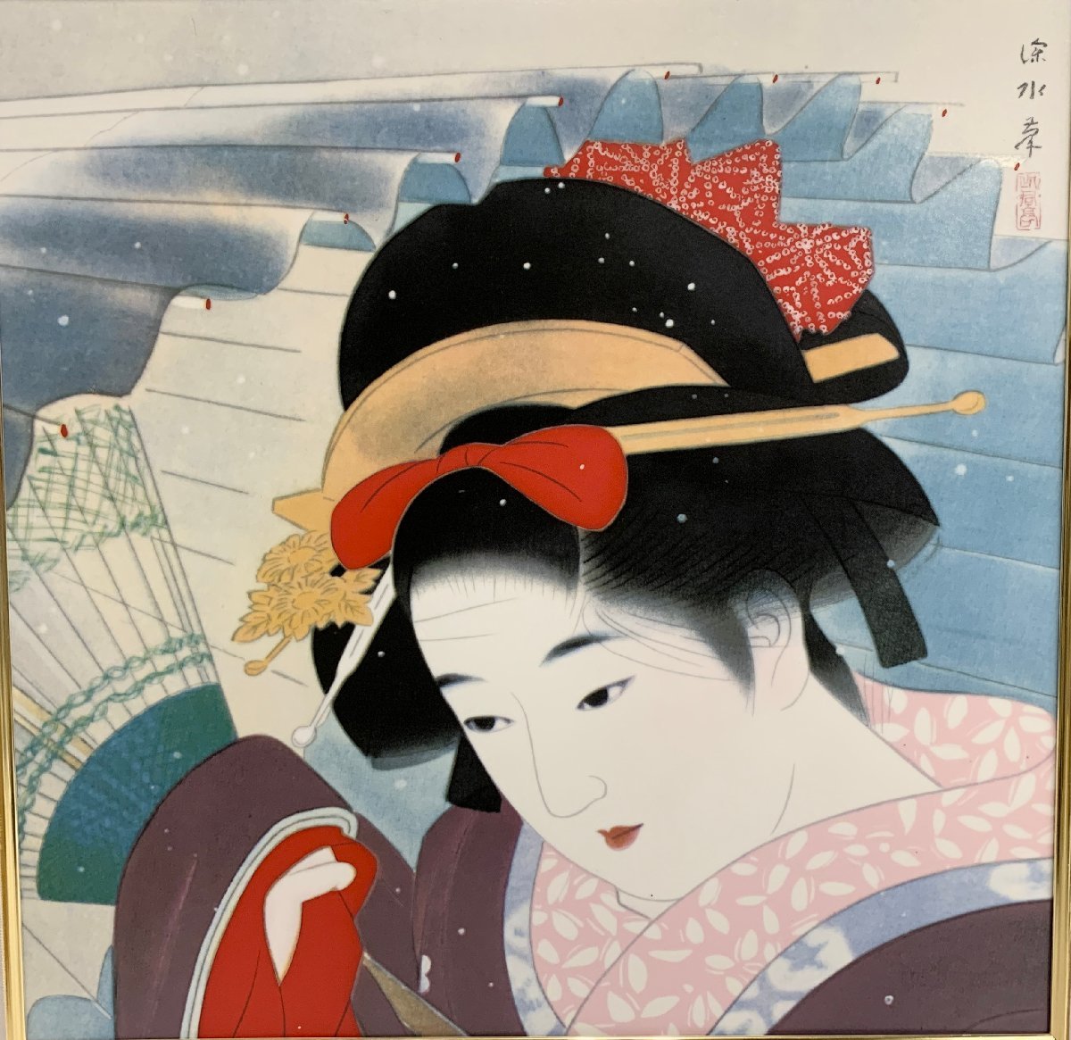 伊藤深水 吹雪 1946年頃 陶板画 文芸陶磁板 美術陶磁板 美人画 美術品 東洋美術 額装_画像2