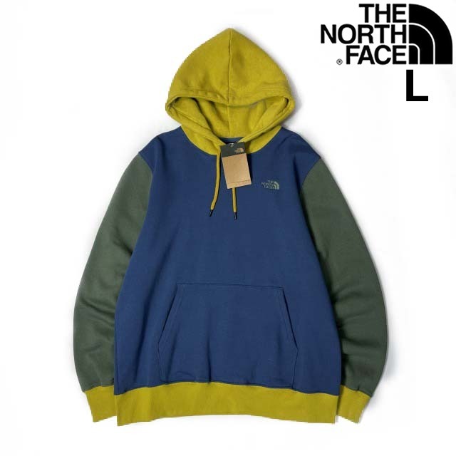 1円～!売切!【正規新品】THE NORTH FACE◆COLOR BLOCK PULLOVER HOODIE パーカー US限定 ドッキングカラー 刺繍 裏起毛(L)緑 青 181130-35_画像1