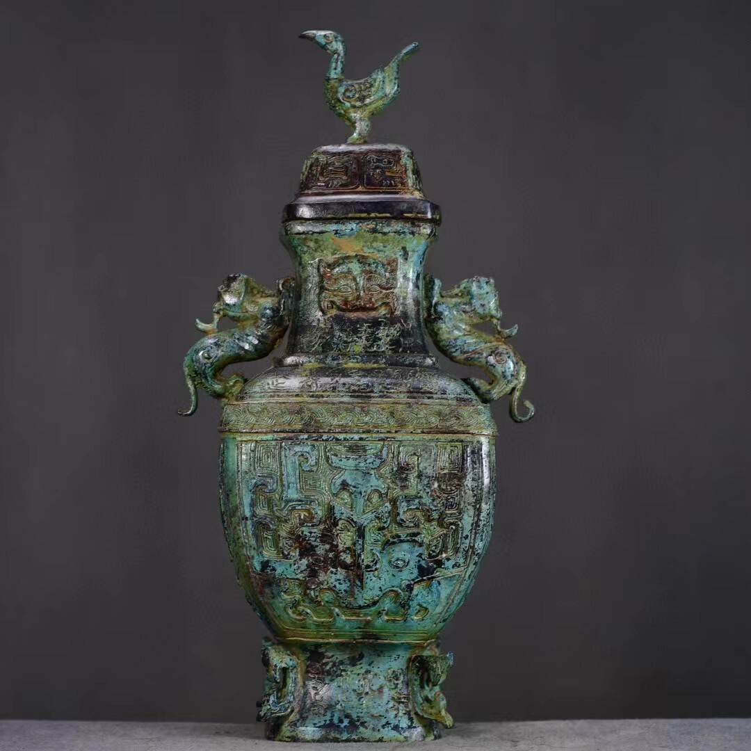 商周時代 ・青銅器 收藏 【青銅立鳥双獣壺 風水置物】中國古美術 商周時代 ・青銅器 收藏 【青銅立鳥双獣壺 風水置物】中國古美術