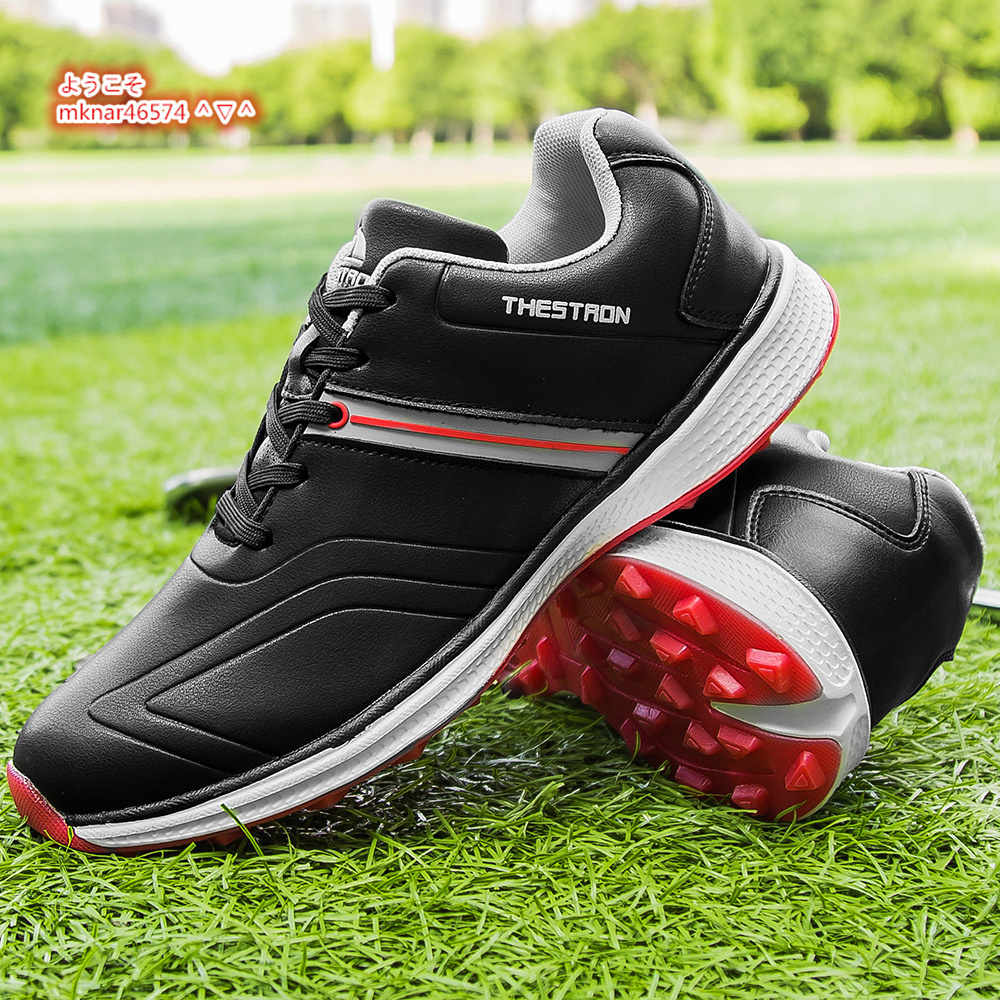 ゴルフシューズ メンズ スポーツシューズ 軽量 防水 防滑 運動靴 フィット感 幅広い ウォーキング アウトドア 赤ⅹ黒 24.5cm~28cm選択_画像3