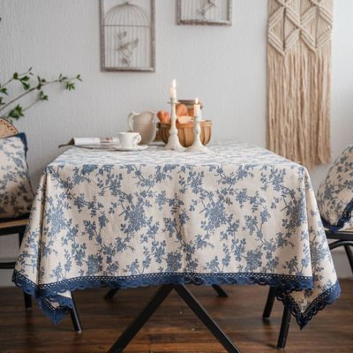 #403 tablecloth floral print blue Northern Europe stylish pretty on goods race rectangle interior multi cover sofa rug photographing background 