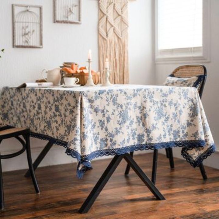 #403 tablecloth floral print blue Northern Europe stylish pretty on goods race rectangle interior multi cover sofa rug photographing background 