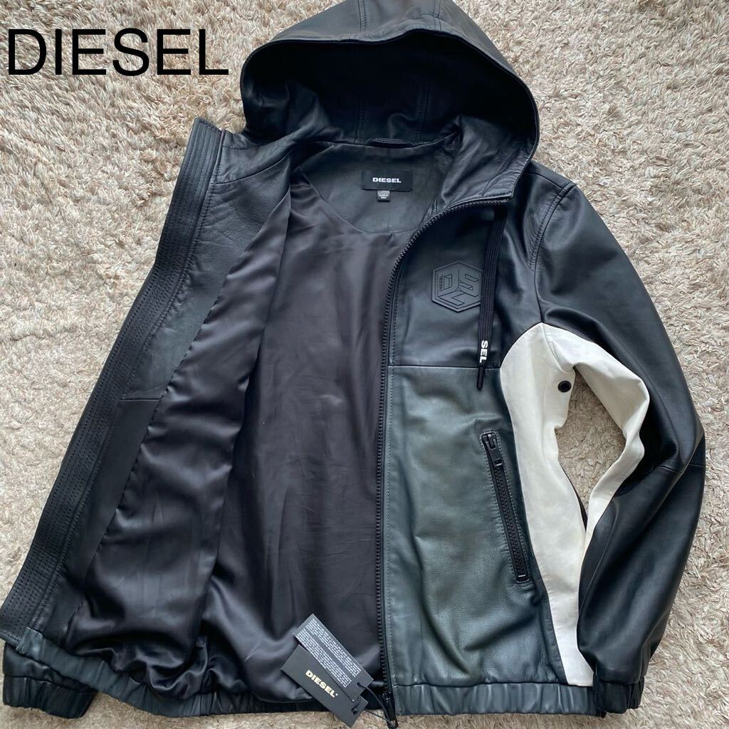 【希少モデル】極美品/L相当★DIESEL ディーゼル　極上ラムレザー パーカー ジャケット バイカラー　ライダース 革ジャン 羊革 ブラック 黒_画像1