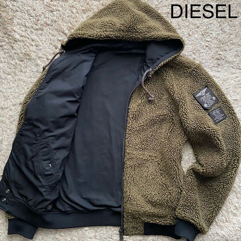 未使用級/XL相当★ディーゼル/DIESEL リバーシブル 2WAY ボアパーカー フーデット ジャケット 袖ロゴプレート ブルゾン 厚手 メンズ カーキ_画像1