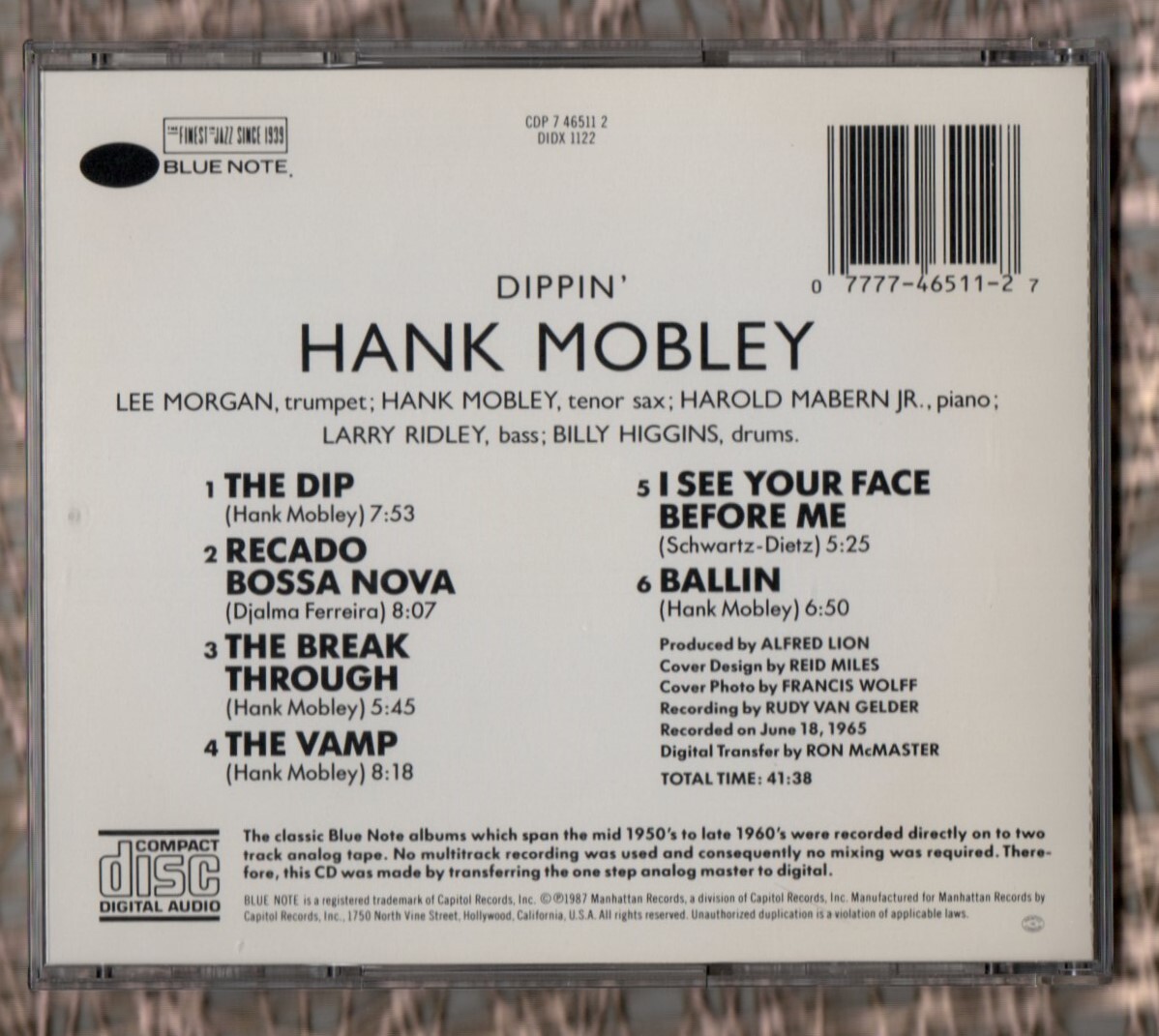 ∇ ジャズ 6曲入 輸入盤 CD/ハンク モブレー Hank Mobley/ディッピン Dippin'/リー モーガン ラリー リドレー ビリー ヒギンズ_画像2