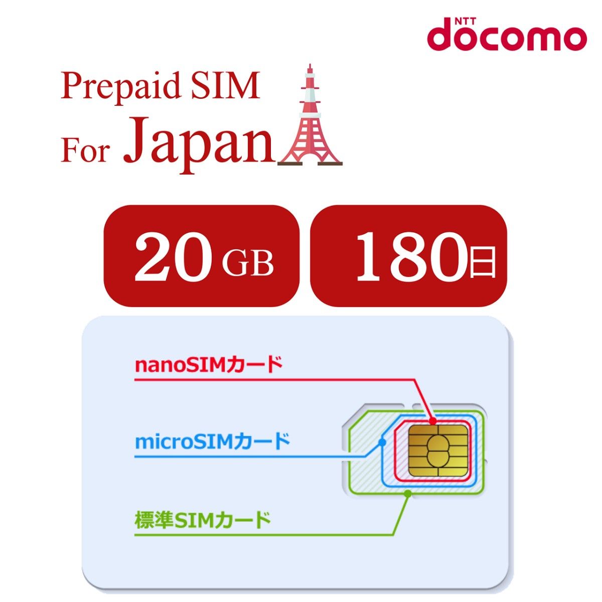 日本プリペイドSIM 180日間 20GB データ通信専用 /NTTドコモ 通信網/契約不要/日英マニュアル付/使い捨て