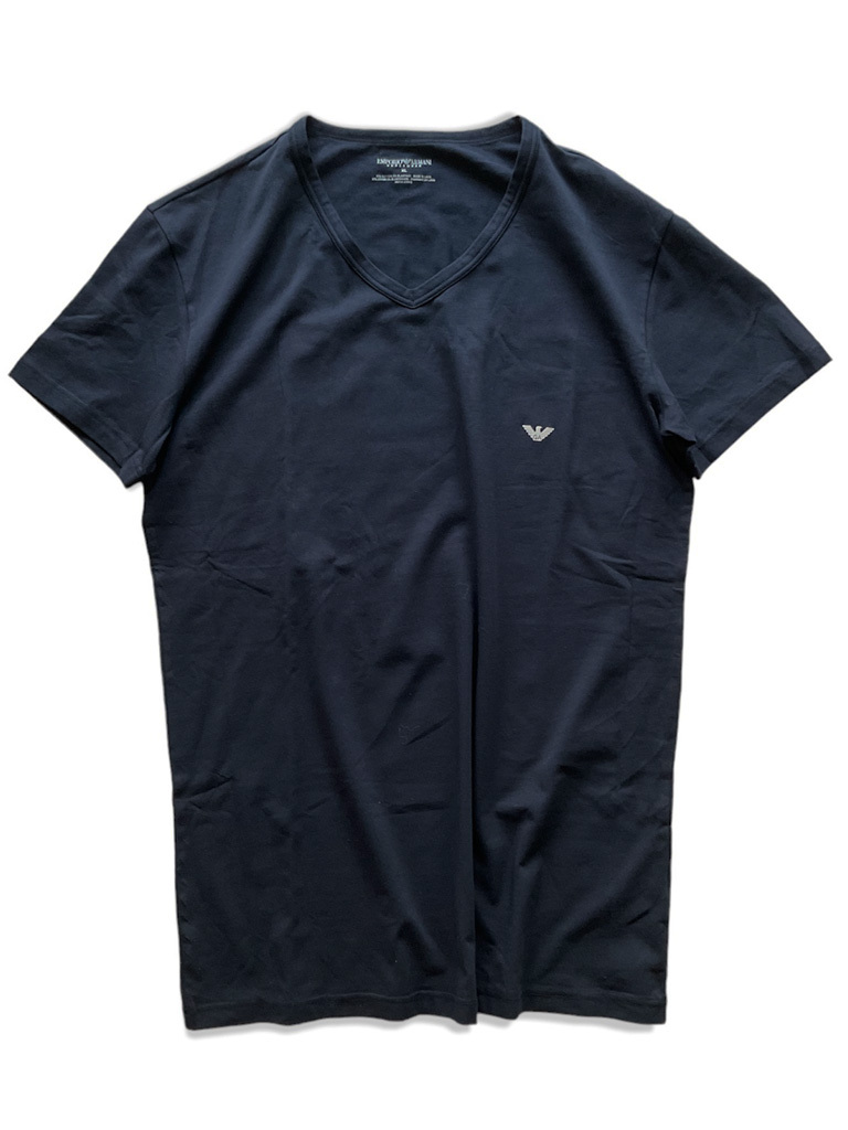  new goods [EMPORIO ARMANI/ Armani ]V[ Armani profit meaning. . body . softly flexible stretch Fit ]V neck dark blue short sleeves shirt VM