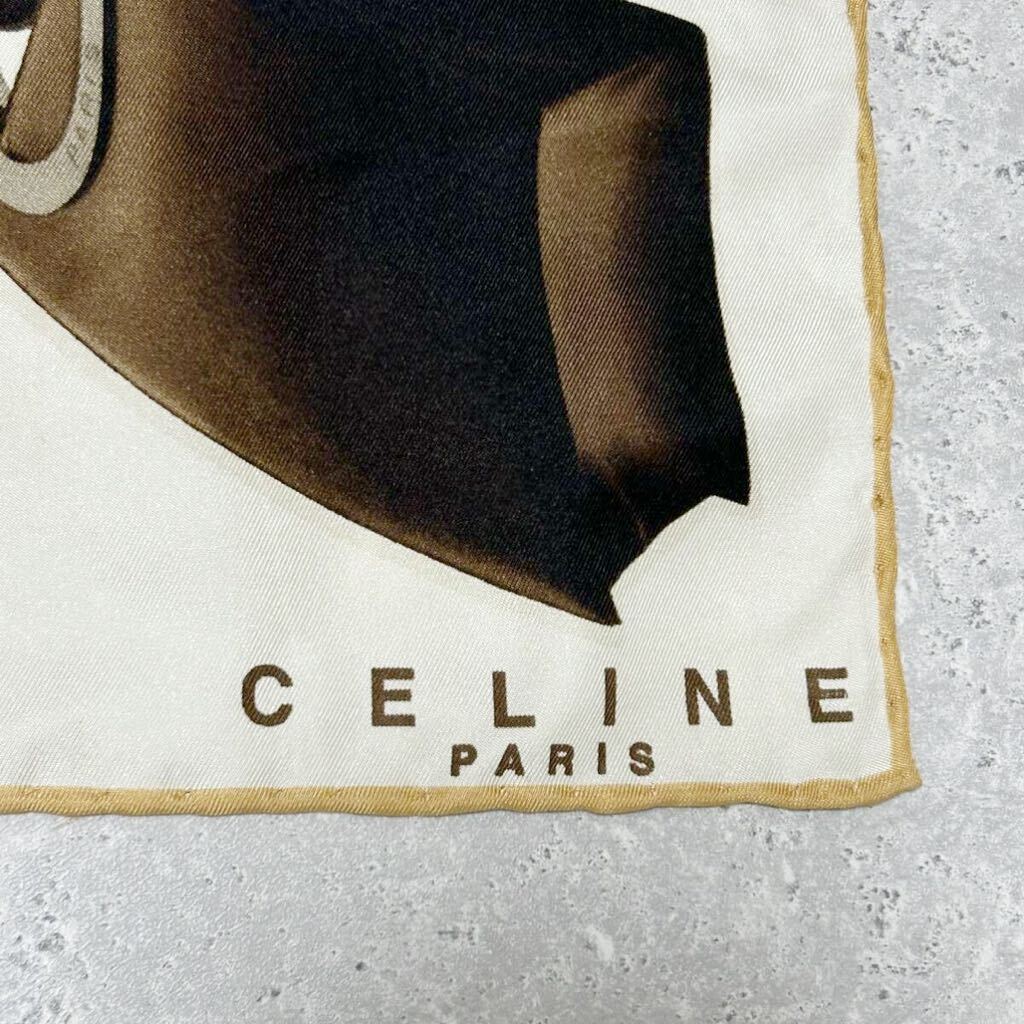 セリーヌ スカーフ CELINE ベージュ　白　アイボリー　チェーン柄　バッグ柄　上質　シルクスカーフ　ハンカチ_画像3