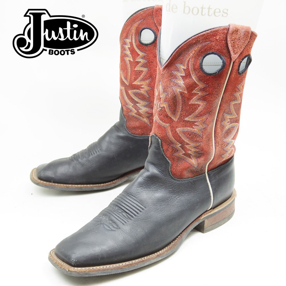 USA製　10A表記　Justin　ジャスティン　ウエスタンブーツ　ペコスブーツ　レザー　革靴　バイカラー　ブラック　黒　赤　24.3.16/P414_画像1
