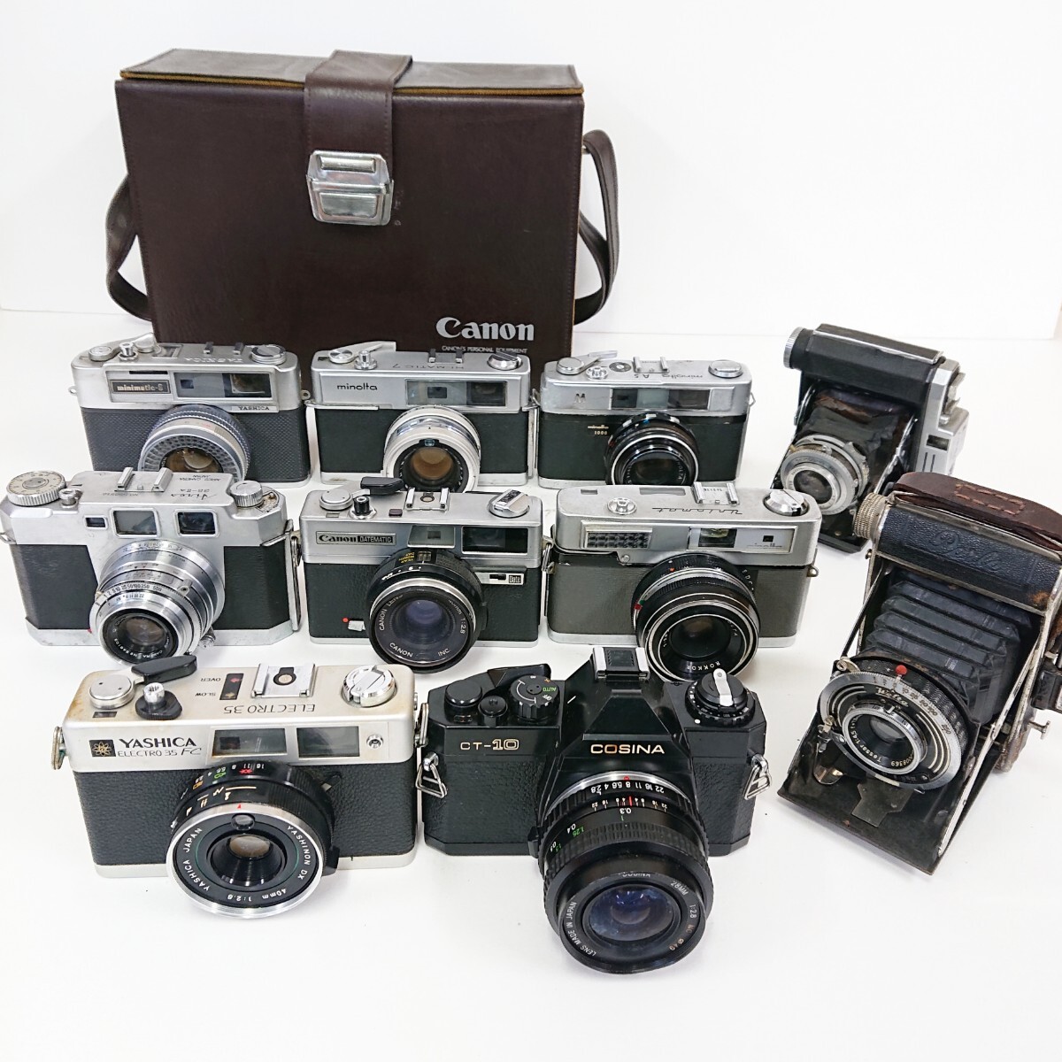 【カメラ おまとめ★】フィルム カメラ MINOLTA Canon AIRES COSINA HI-MATIC 蛇腹カメラ ケース ヴィンテージ レトロ コレクター ケース_画像1