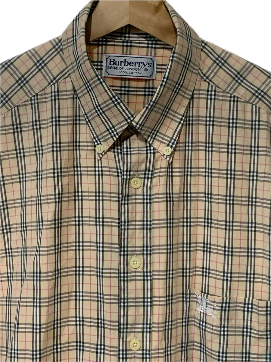 90s Burberry バーバリー ノバチェック ボタンダウンシャツ 半袖 39 M キャメル_画像2