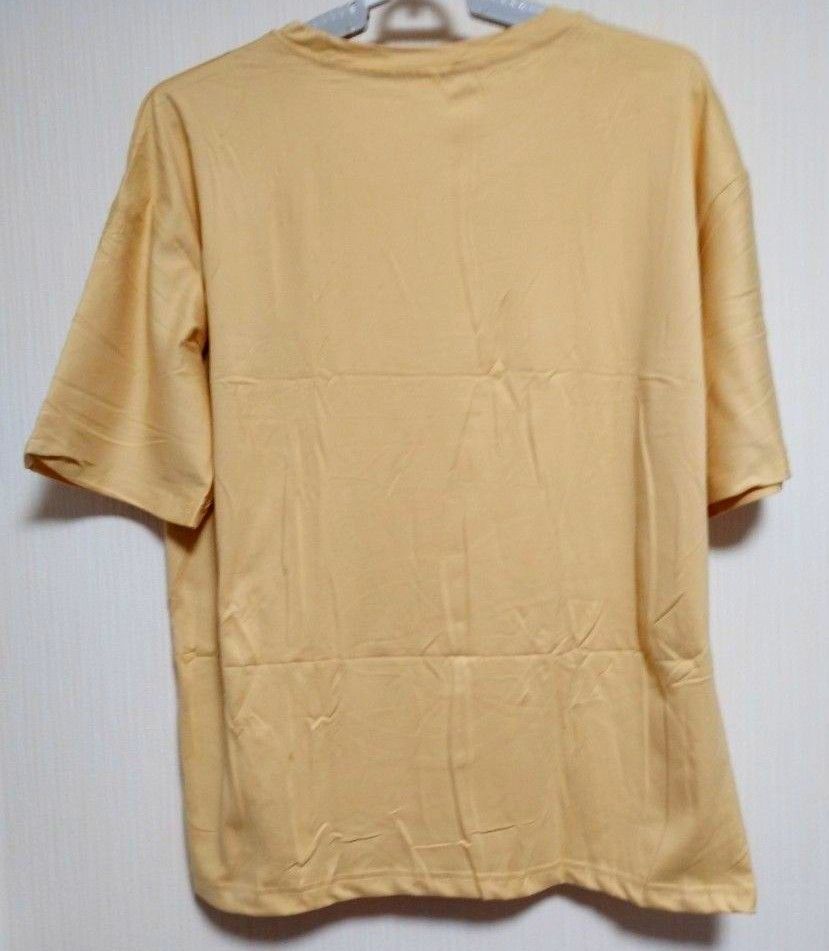 半袖 Tシャツ オーバーサイズ　ゆったりめ　ルーズシルエット スマイルプリント　さらテロ素材　薄手　速乾　くすみイエロー　XL