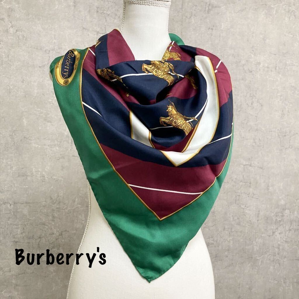 美品　Burberry's バーバリーズ　大判スカーフ　vintagヴィンテージ　バーバリー　イタリア製　シルクスカーフ プローサム柄　緑　60309AM_画像1