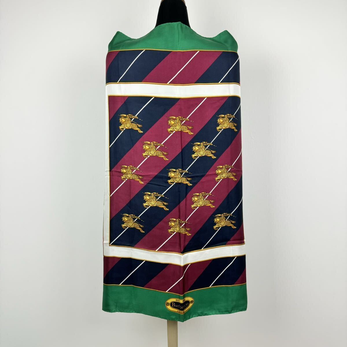 美品　Burberry's バーバリーズ　大判スカーフ　vintagヴィンテージ　バーバリー　イタリア製　シルクスカーフ プローサム柄　緑　60309AM_画像4