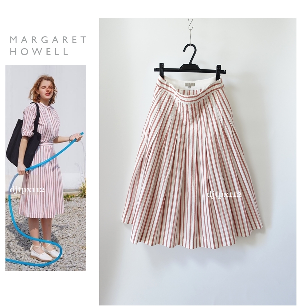 定価36,300円*美品*MARGARET HOWELL*2019 *限定色ザクロ BOLD STRIPE COTTON LINEN*ストライプ柄 リネン プリーツ スカート*サイズ3の画像4