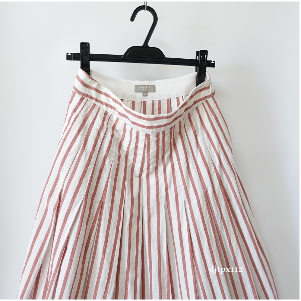 定価36,300円*美品*MARGARET HOWELL*2019 *限定色ザクロ BOLD STRIPE COTTON LINEN*ストライプ柄 リネン プリーツ スカート*サイズ3の画像5