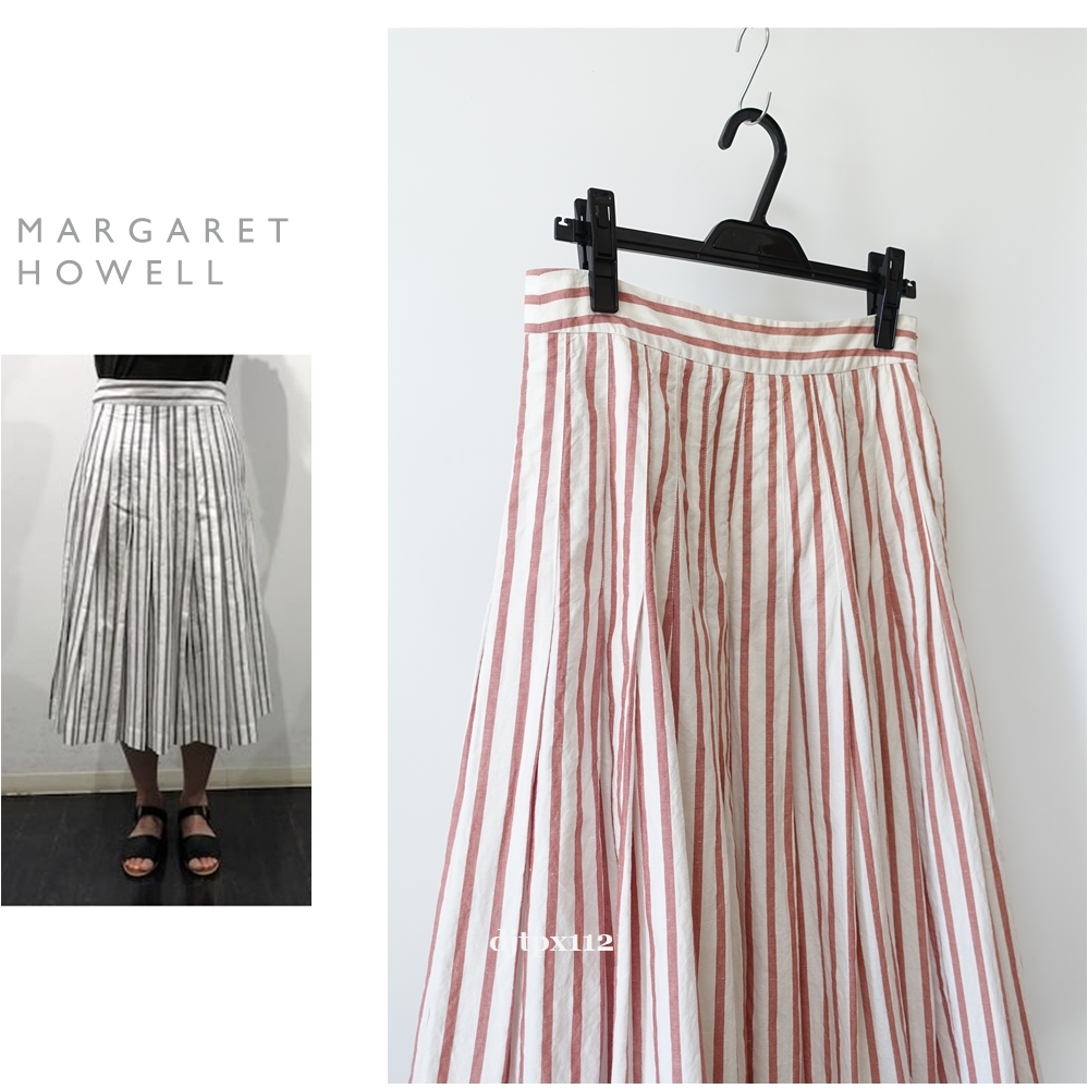 定価36,300円*美品*MARGARET HOWELL*2019 *限定色ザクロ BOLD STRIPE COTTON LINEN*ストライプ柄 リネン プリーツ スカート*サイズ3の画像2