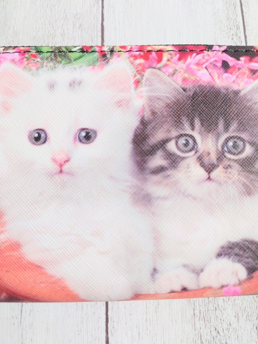 ネコ 猫 ねこちゃん プリント　ラウンドファスナー 長財布 財布　花　赤　ピンク かわいい 写真_画像6