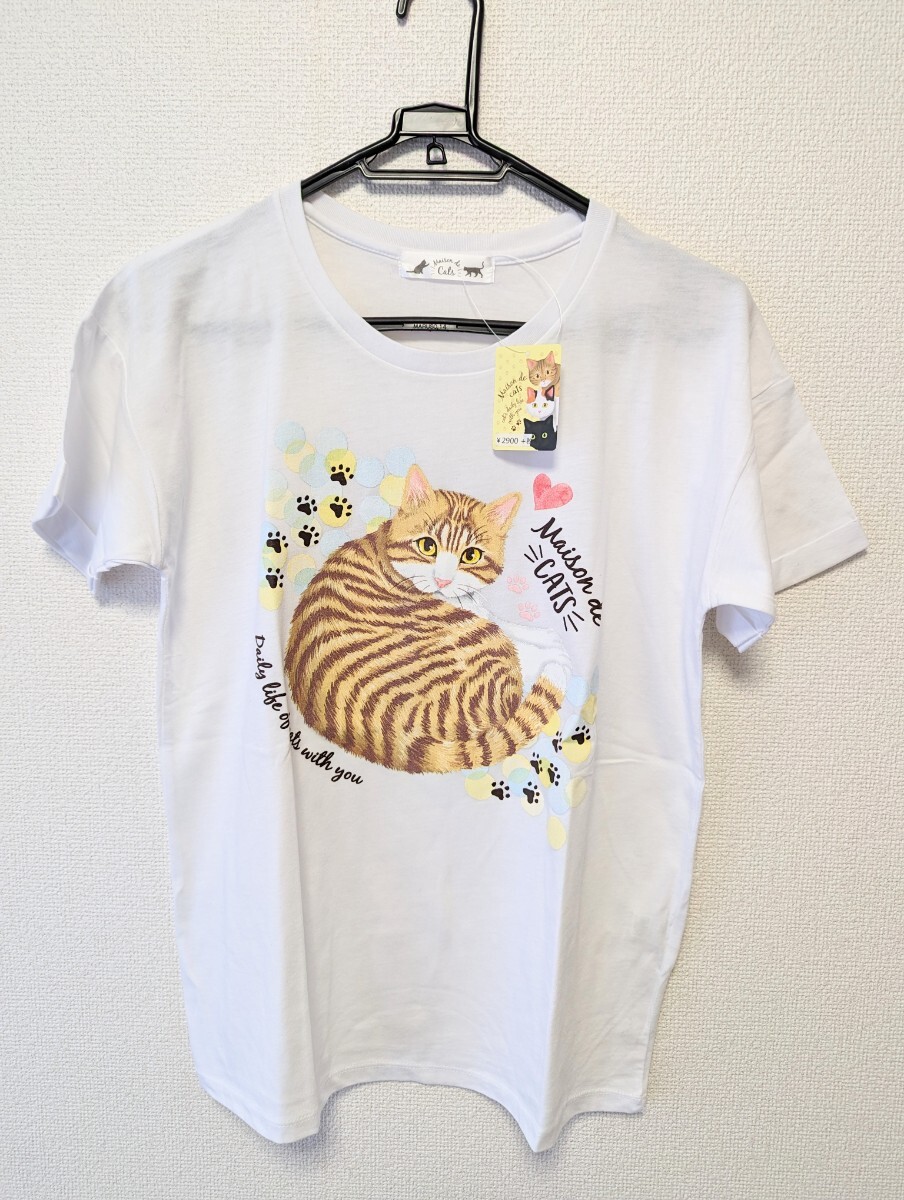 レディース Tシャツ ネイビー 半袖 ねこ 白 めぞんどきゃっつ 猫好き かわいい_画像1