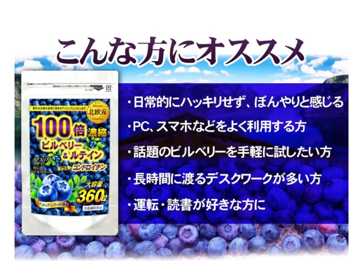 期間限定価格！！　スマホ疲れの目に☆北欧産☆『100倍濃縮 ビルベリー＆ルテイン コンドロイチン 約6ヵ月分 360粒』×1袋♪