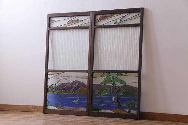 R-030501 激レア品!　大正昭和初期　当時もの色ガラス　松原を描いたステンドグラス引き戸(ガラス戸、建具)