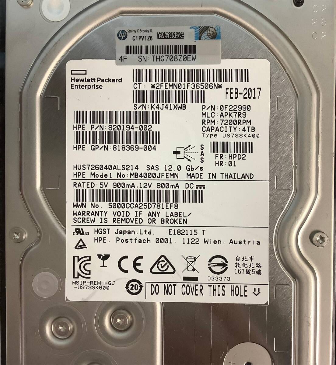 K6032562 HP 4TB SAS 7.2K 3.5インチ G8マウンタ HDD 2点【中古動作品】_画像4