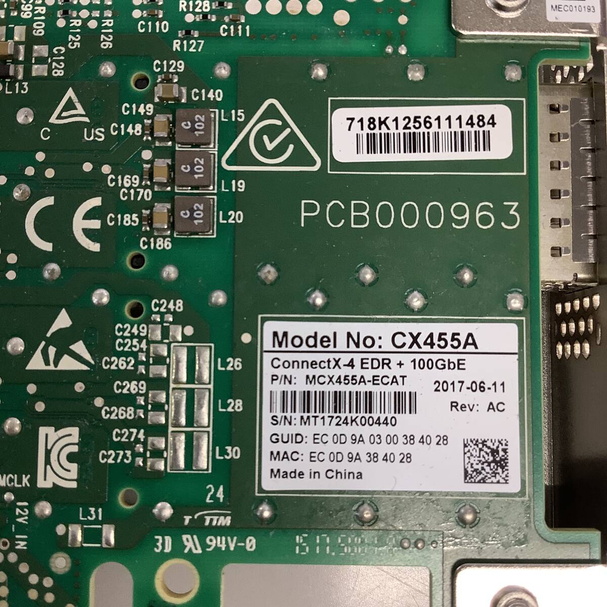 K6032983 Mellanox CX455A ConnectX-4 EDR 100GbE LANカード 1点【現状お渡し品】の画像4