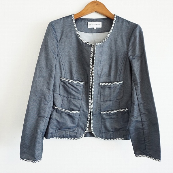 #anc ハナエモリ HANAEMORI ジャケット 38 紺 ジップアップ デニム調 ノーカラー レディース [867837]_画像1