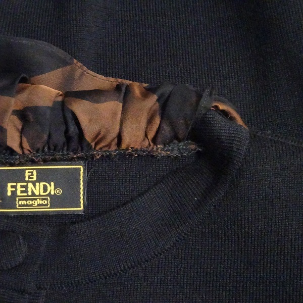 #wnc フェンディ FENDI maglia カーディガン 40 黒 茶 ニット ストール風 シルク使い ヴィンテージ レディース [832797]_画像6