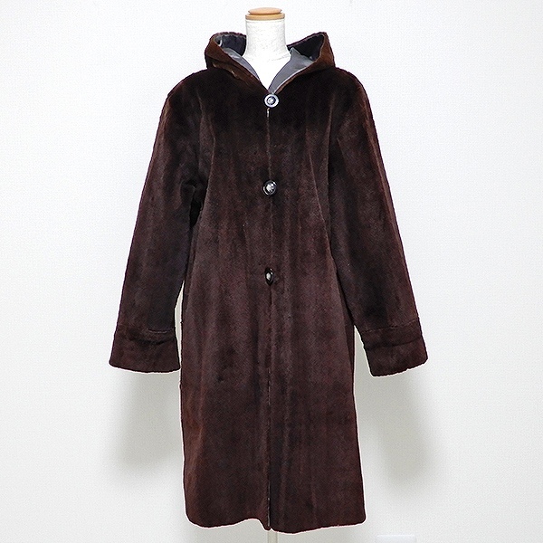 #wnc 毛皮コート リバーシブル シェアードラビット ファー フード付き ロング 茶系 グレー レディース [838621]