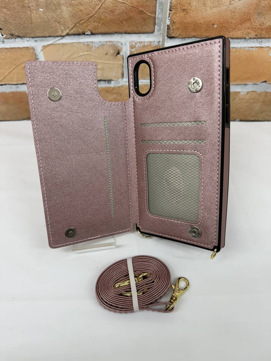 iPhone XR 手帳型ケース 肩掛け 首かけ 斜めがけショルダーケース カード収納 PUレザー 磁気閉鎖　ストラップ付属 ピンク