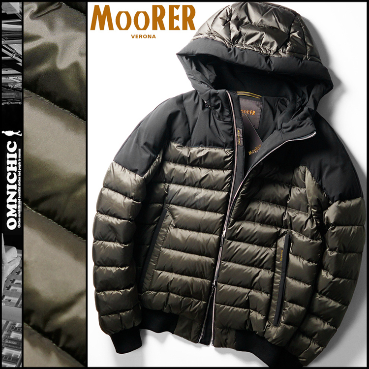 コレを超える品質はない!■新品【MOORER】ムーレー/AQUA撥水加工/PARKER/ヨーク切替フーデッドダウンジャケット46/S~M/伊製 MILITAREカーキ_画像1