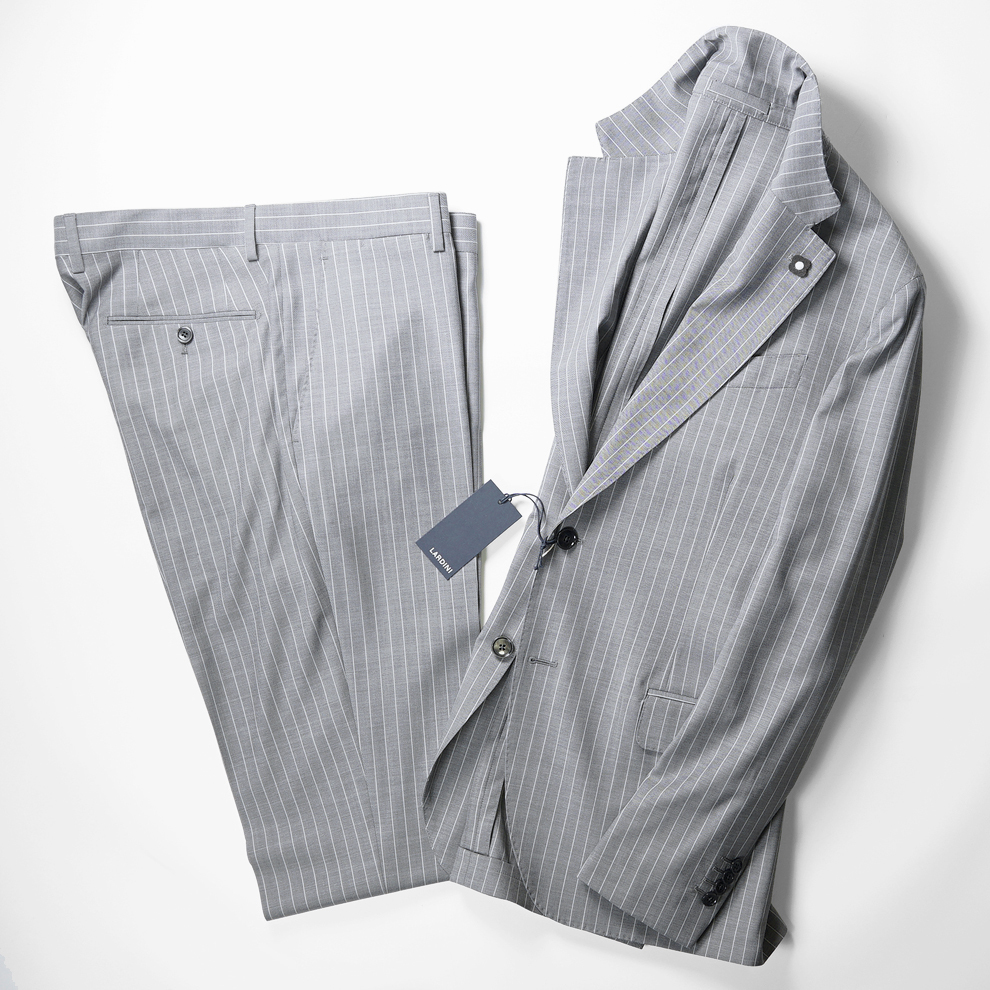 春夏モデル■新品18万【LARDINI】ラルディーニ極上グレーストライプウール100％/2釦セットアップスーツ50/L/テーラードジャケットパンツ