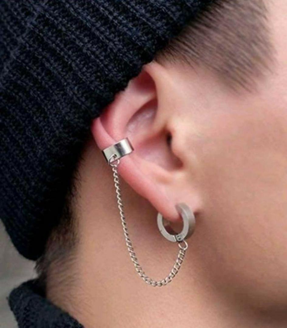 [ earrings, earcuff set ] hoop chain earrings silver men's lady's 