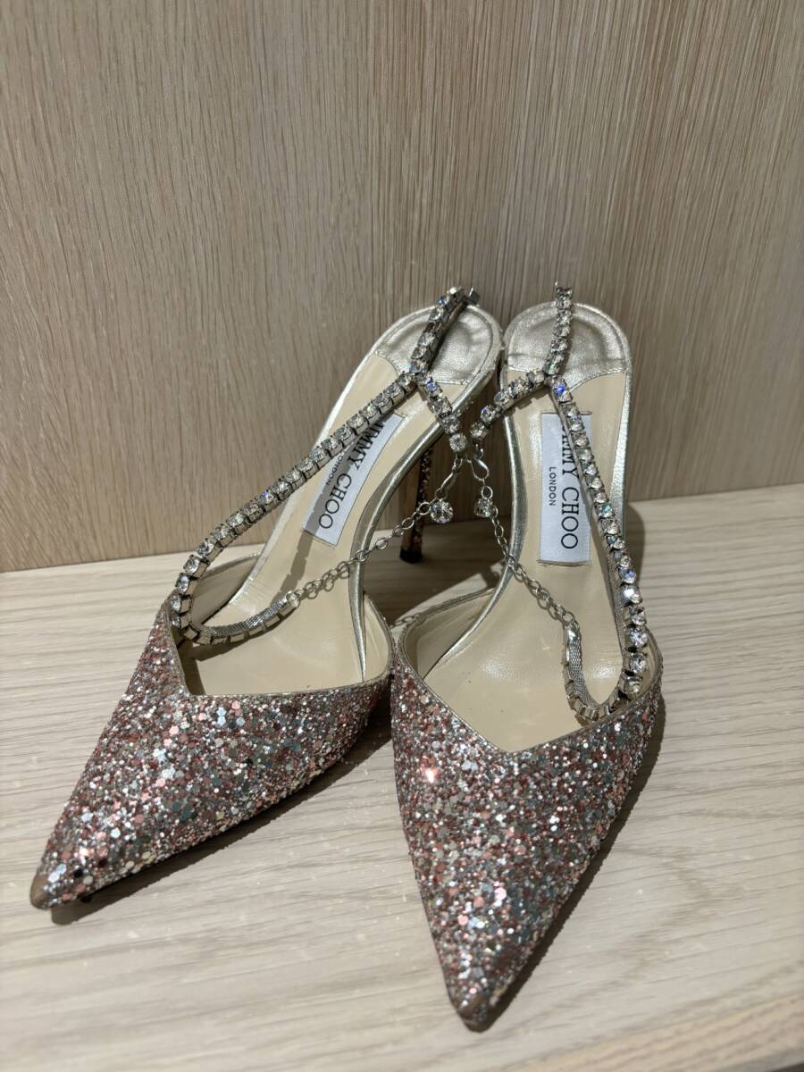 【YOI-106】【1円～】ジミーチュウ JIMMY CHOO ハイヒール パンプス シューズ 38 レザー ラインストーン 装飾品 現状品 保管品_画像1