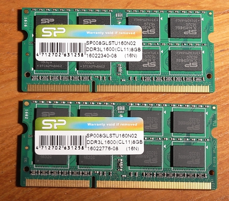 SILICON POWER 8GB SP008GLSTU160N02 DDR3L 1600（CL11）8GB 2個 で16GBの画像1