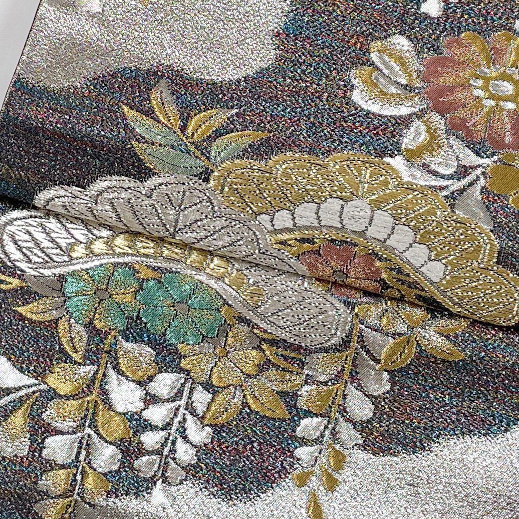 着物月花 引箔 煌びやかな花 袋帯 六通柄 正絹 金糸 ob1177の画像5