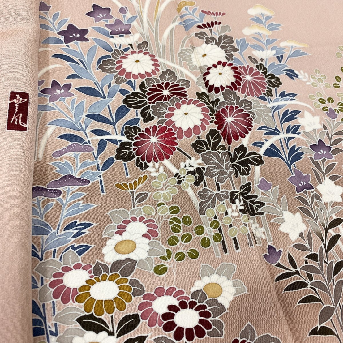 着物月花　作家物　友禅　刺繍　品のある花　訪問着　未使用品　正絹　共八掛　一つ紋　ki1024_画像1