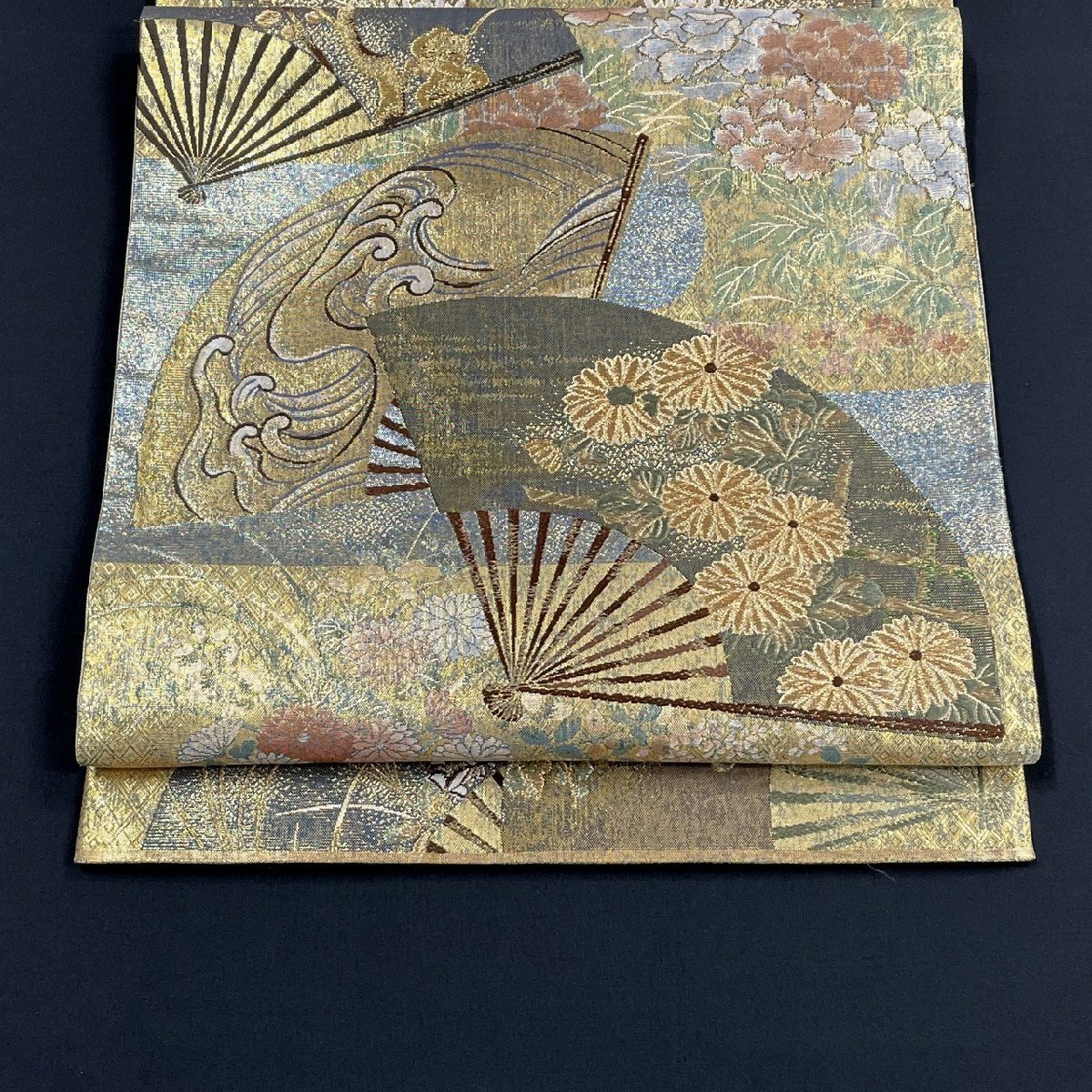 着物月花 俵屋宗達 引箔 花扇文様 袋帯 全通柄 正絹 金糸 ob1354の画像3