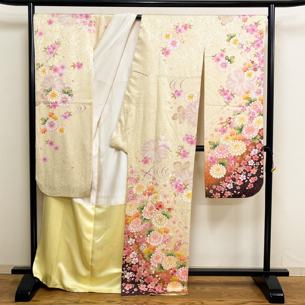  kimono month flower embroidery possible .. flower long-sleeved kimono silk gold thread ki1157