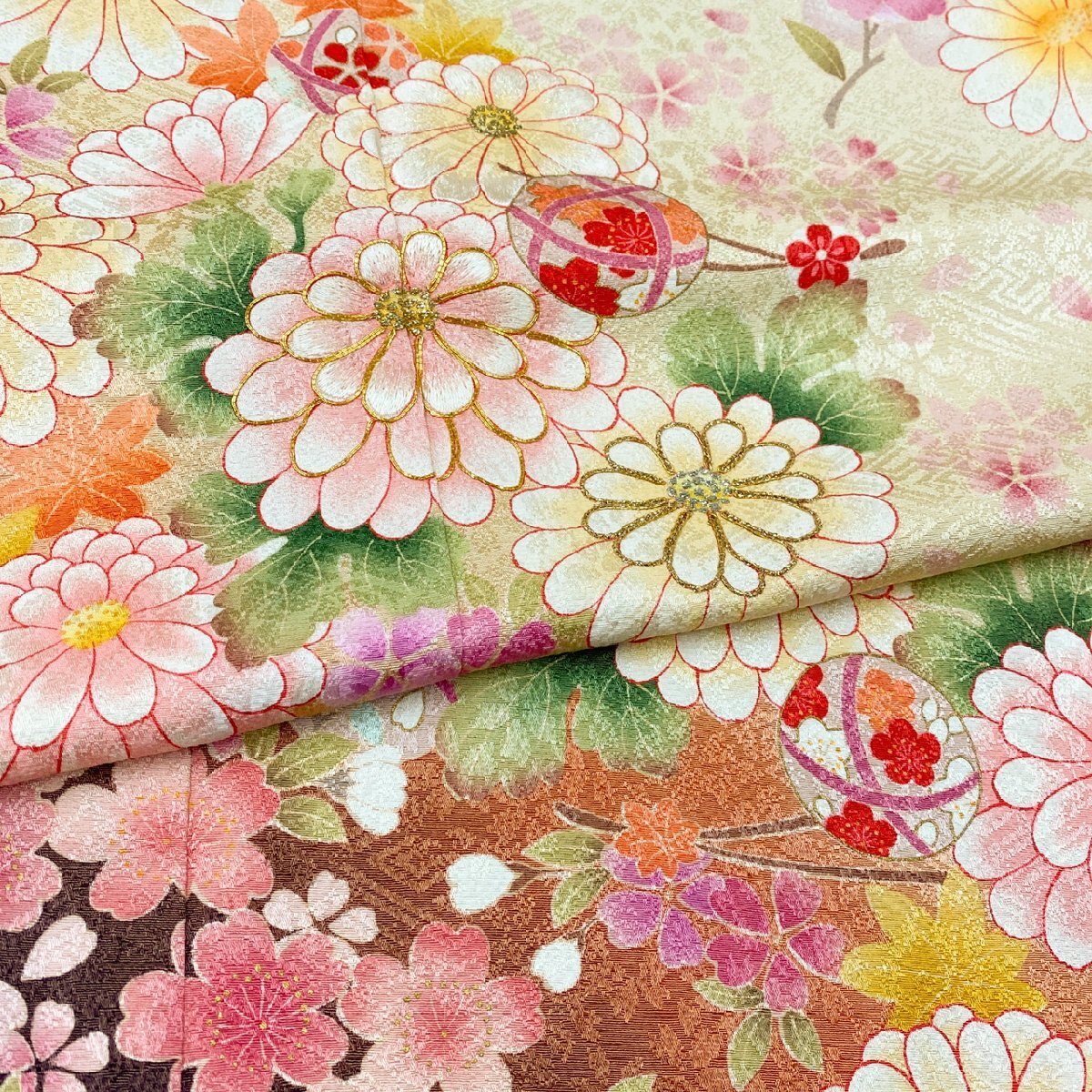  kimono month flower embroidery possible .. flower long-sleeved kimono silk gold thread ki1157