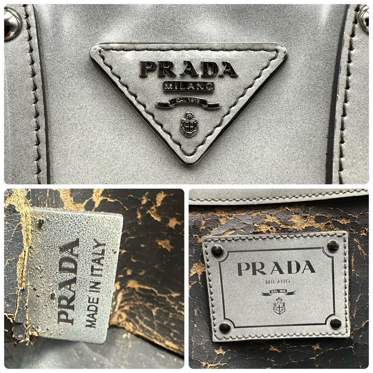 1円〜■ PRADA SPAZZOLATO GRIGIO BN1889 ハンドバッグ 2way ショルダーバッグ プラダ 三角ロゴ レザー 本革 トートバッグ_画像9