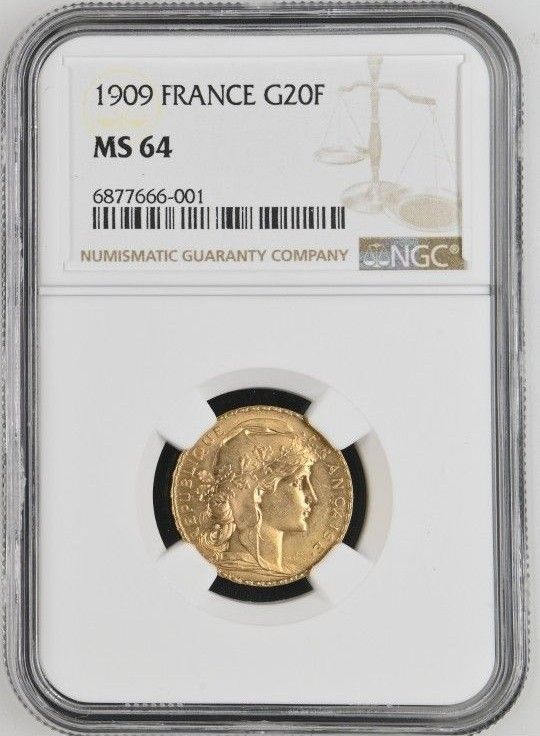 1909年　ルースター　20フラン金貨　NGC  MS64