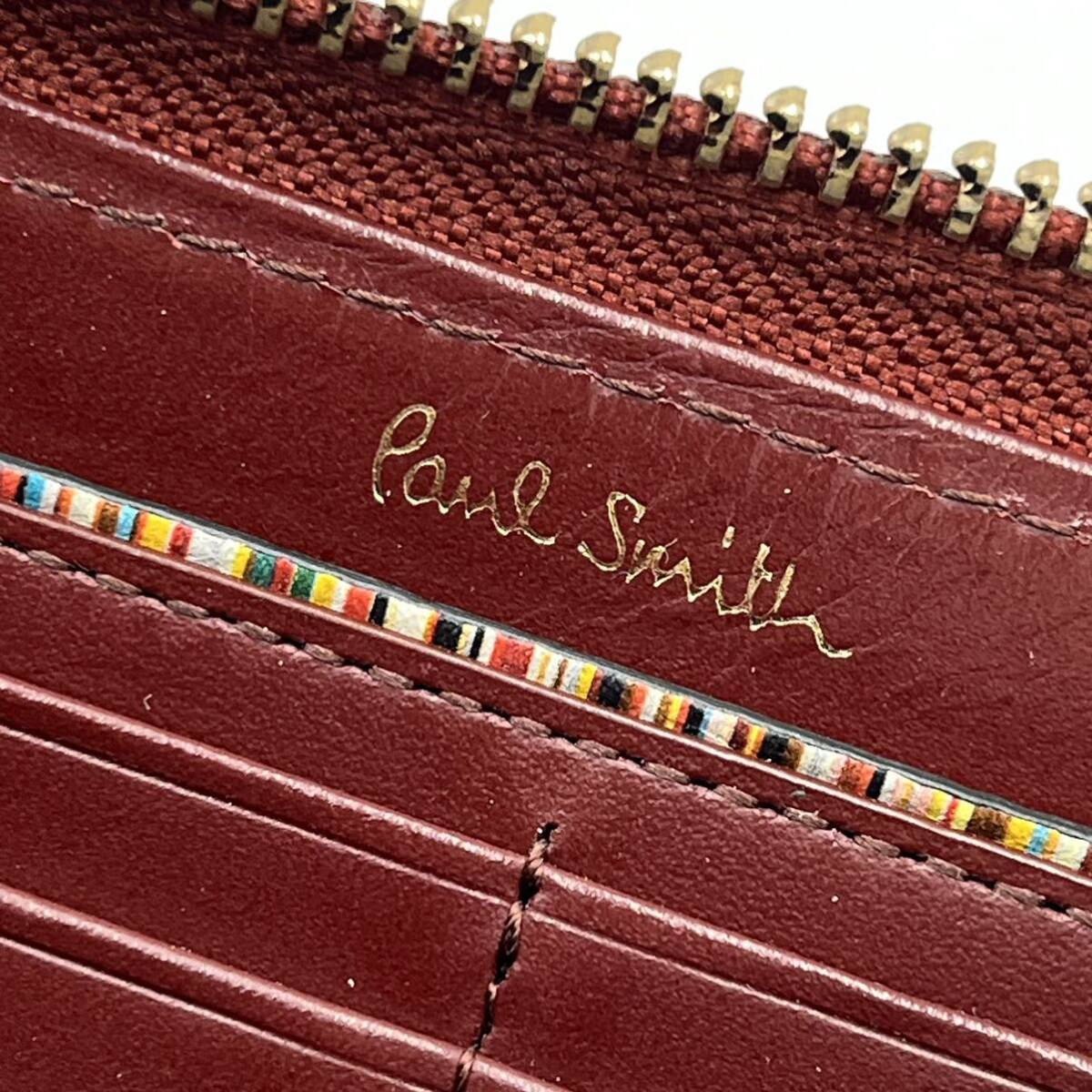 1円【極美品】ポールスミス Paul Smith ラビット 長財布 ラウンドファスナー マルチストライプ メンズ ビジネス ボルドー シュリンクレザー_画像10