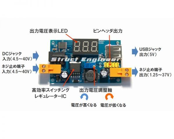 ★ 送料無料 ★ 電圧計 付き 降圧 DC-DC コンバーター 電源 モジュール (3A) ★ 出力 1.25～37V デジタル電圧メーター付_画像2