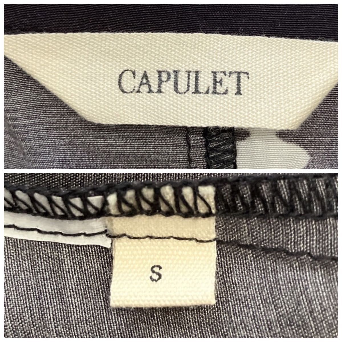 5520【CAPULET】オープンカラーロングシャツ（S）開襟半袖シャツ チュニック リーフ柄 モノクロ カジュアル
