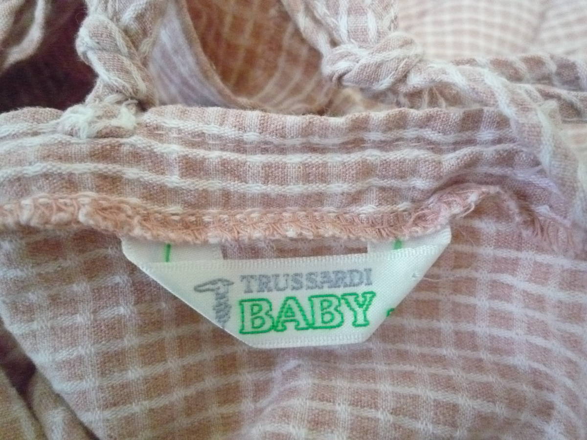 ★TRUSSARDI BABY トラサルディ 半袖パフスリーブワンピース 背中見(jiàn)せ 格子 ピンク系 前掛けポケット付き サイズ９０