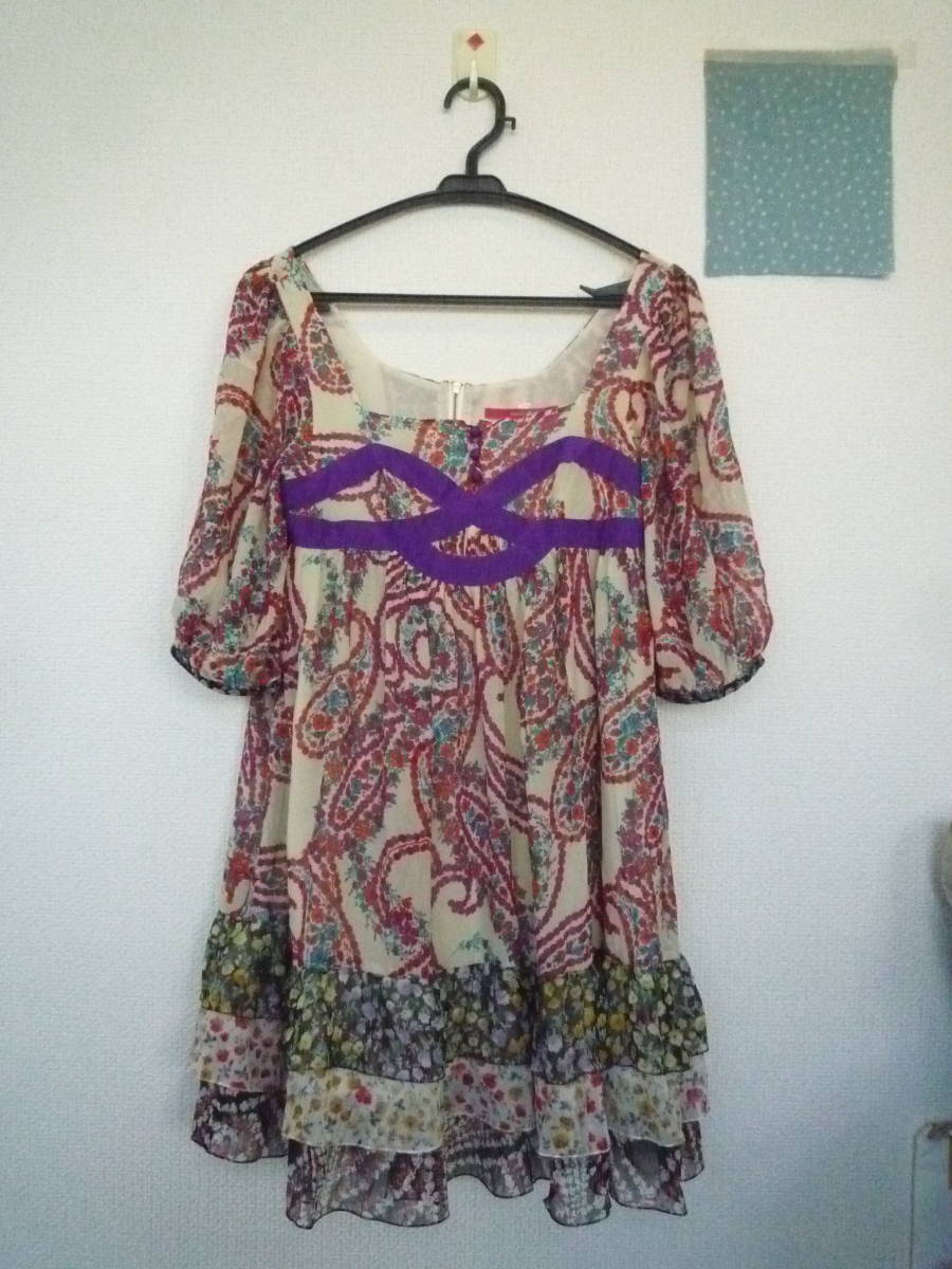 *Rose bullet square neck short sleeves chiffon mini height dress frill,. floral print 4 kind cloth purple line,... button Onward . mountain <2>